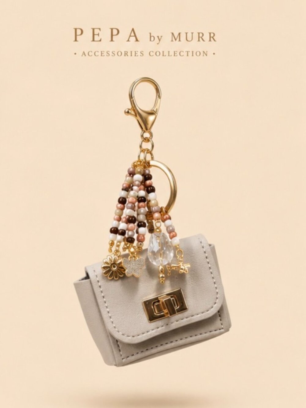 Gray Mini Handbag Keychain with Beaded Charm Chain